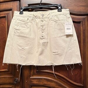 Free People Cream Distressed Denim Skirt